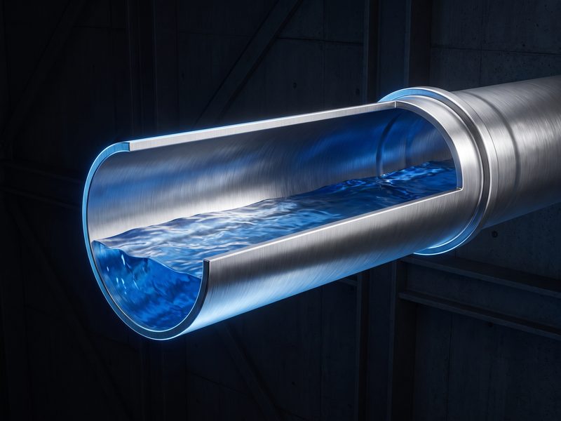 Stainless steel drainage pipe with blue water flowing through