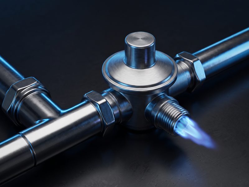 Chrome gas fittings with a blue flame