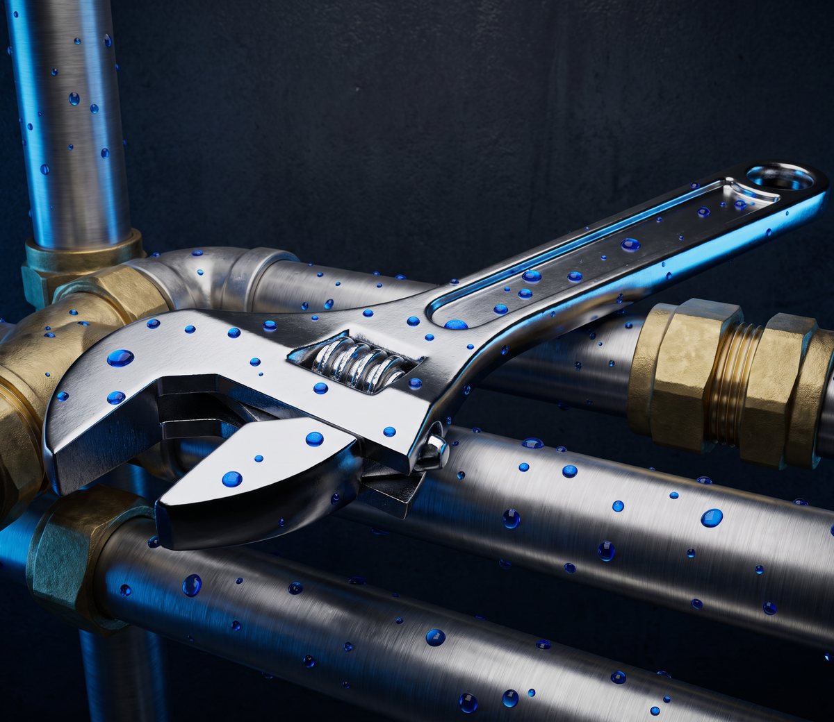 Chrome wrench on polished steel plumbing pipework